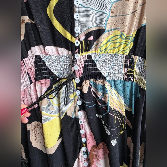 Womens Vintage Boho Button Up Split Floral Print Flowy Party Dress Floral Pink  - Picture 7 of 12